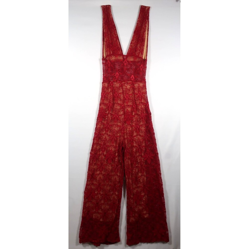 Nightcap Free People Fleur Lace Jumpsuit Red V Neck Stretchy Anthropologie 2 - Picture 7 of 14